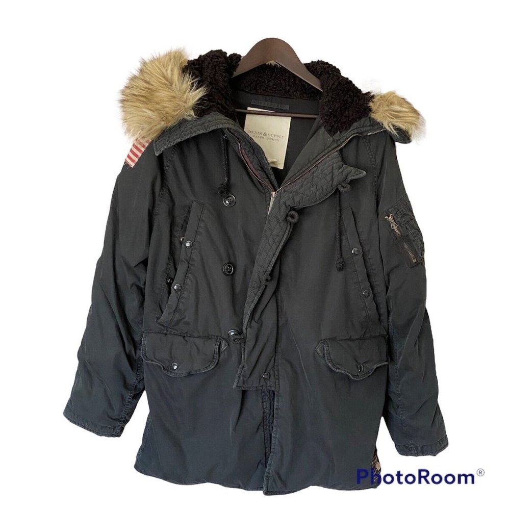 Denim & Supply Ralph Lauren Black Puffer Parka with Faux Fur Trim